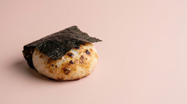 淡いピンク背景の海苔を巻いた焼き餅