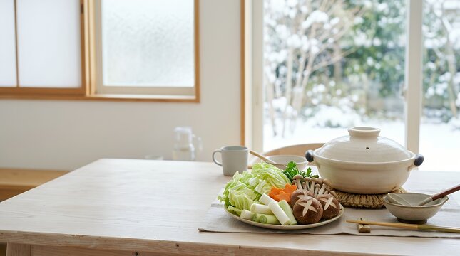 雪景色の窓辺で楽しむ新鮮な野菜と冬の鍋料理