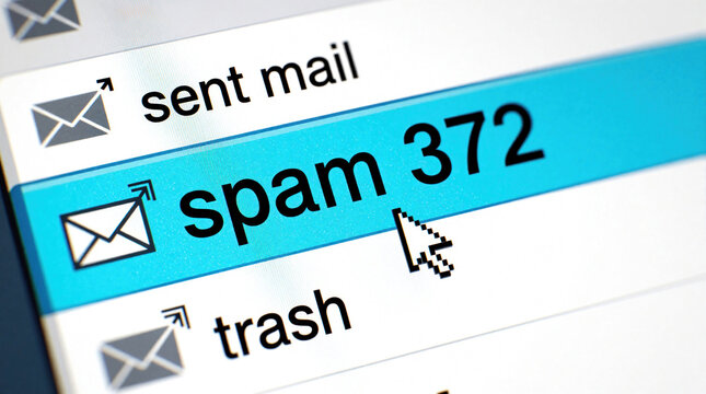 Digital computer screen shows email interface with many junk messages. User cursor clicks on spam folder containing 372 unwanted emails. Cyber security concept of mailbox clutter, annoying