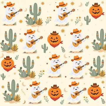 Cute western Halloween seamless pattern with cowboy ghost playing guitar, pumpkin with cowboy hat and bandana, desert cactus and moon stars. Boho spooky cowboy pattern in kaw