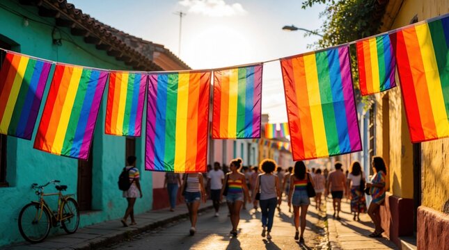 Colorful rainbow flags hang across narrow street in old town. Diverse group of people walk together during pride parade. LGBTQ community celebrates equality, freedom in sunny urban neighborhood.