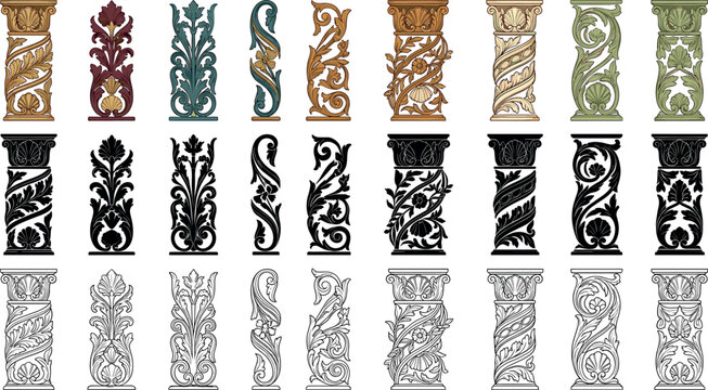 Vintage Baroque architectural column vector set featuring ornate rococo pillar designs isolated on white background for classic interior paneling decoration