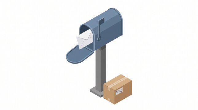 Isometric residential mailbox with envelope and cardboard package on a white background