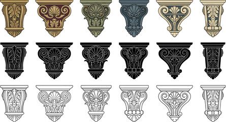 Vintage Baroque architectural corbel vector set featuring ornate rococo bracket details isolated on white background for classic interior pillar design © AFSANA AKTER