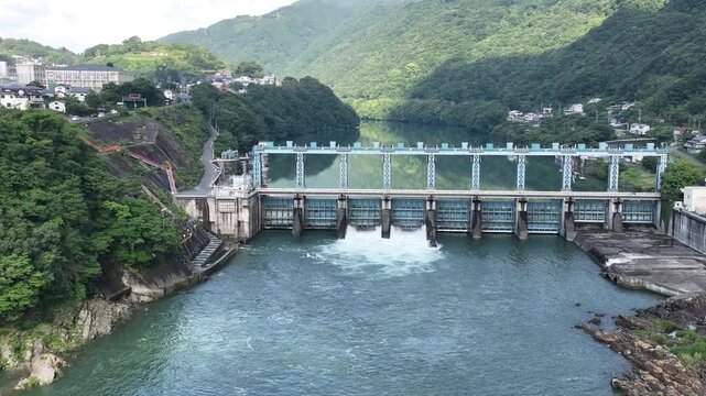 Aerial View of Ikeda Dam and Yoshino River on a Summer Morning in Tokushima, Japan