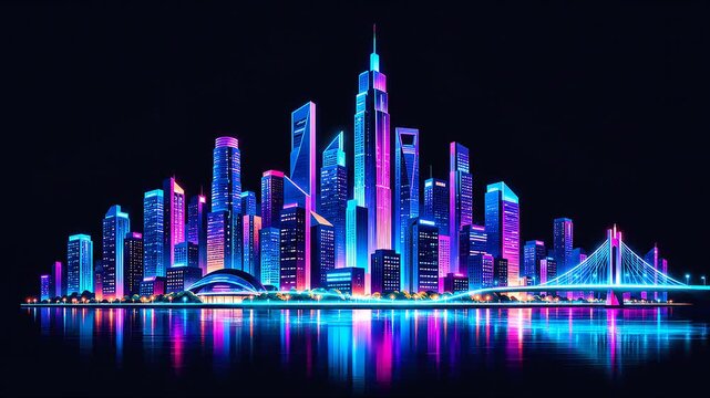 A majestic sprawling metropolitan cityscape at night featuring glowing minimalist skyscrapers in a modern flat vector illustration style with sharp clean lines.
