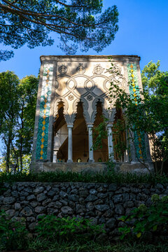 Villa Cimbrone, Ravello, Campania, Italy. Ancient tower and walls completely covered with greenery.