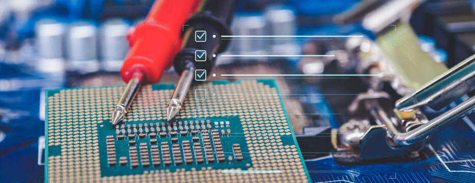 CPU Processor Testing and Electronic Diagnostics with Multimeter Probes and Digital Checklist on Motherboard