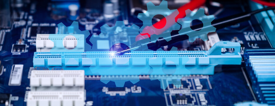 Electronic Motherboard Repair with Soldering Tool and Digital Gear Icons Representing Maintenance and Technology Engineering