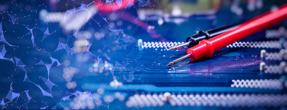 Electronic Circuit Board Testing with Multimeter Probes and Digital Network Overlay for Hardware Diagnostics and Repair