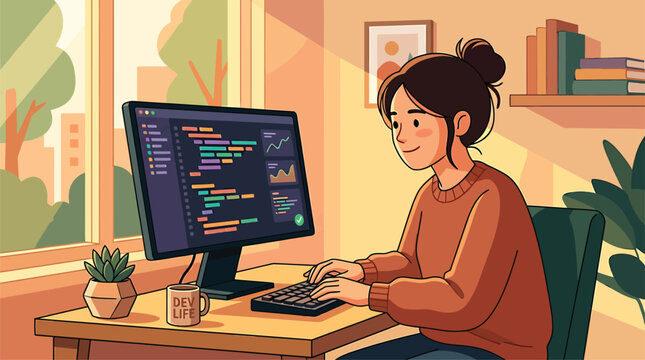 Young woman programmer working on computer at home office desk, coding software, remote work lifestyle, digital creative workspace illustration