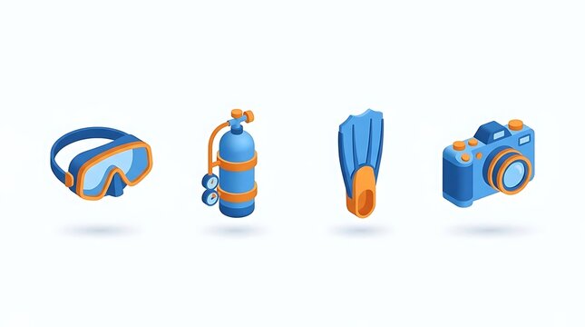 Scuba diving equipment 3D icons for summer activities.