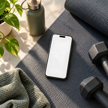 Modern smartphone mockup on yoga mat, fitness blank screen phone, workout gym flat lay presentation setup