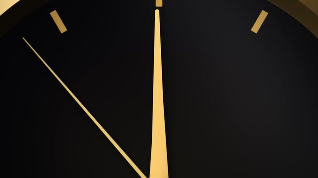 New Year 2027 countdown, black and gold minimal clock close-up on the hands, striking midnight then "2027", 4K
