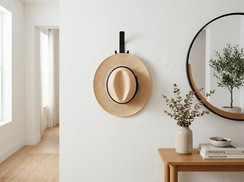 Stylish straw hat hanging on a wall hook next to a mirror and vase.
