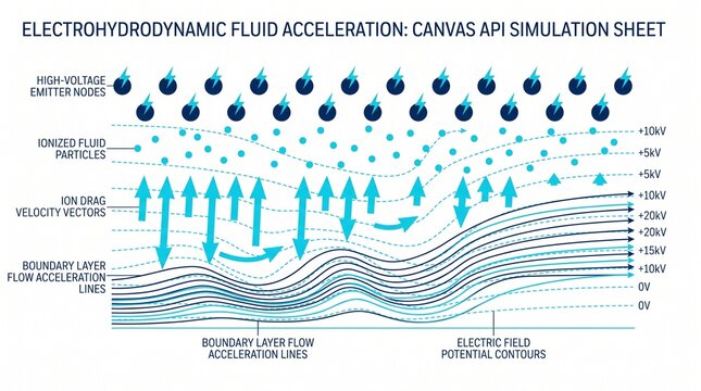 Scientific physics diagram showing ionized particle movement through high voltage electric fields and boundary layer flow acceleration lines