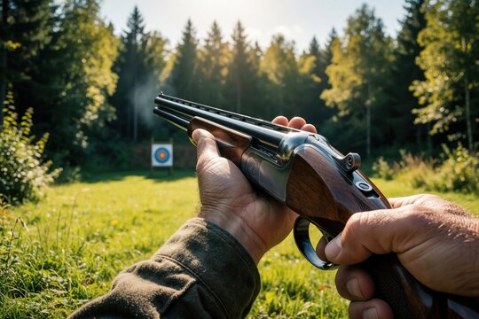 Man aims shotgun at target during skeet shooting practice. Male shooter holds firearm in hands at outdoor shooting range. Sunny day in forest field. Person practices marksman skills using double