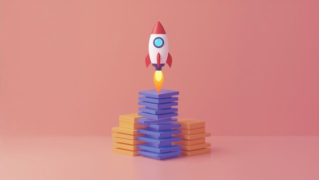 Creative rocket launch with colorful books stacked on pink background