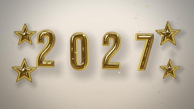 Shiny gold "2027" foil number balloons floating on a cream studio wall with confetti, seamless 4K loop