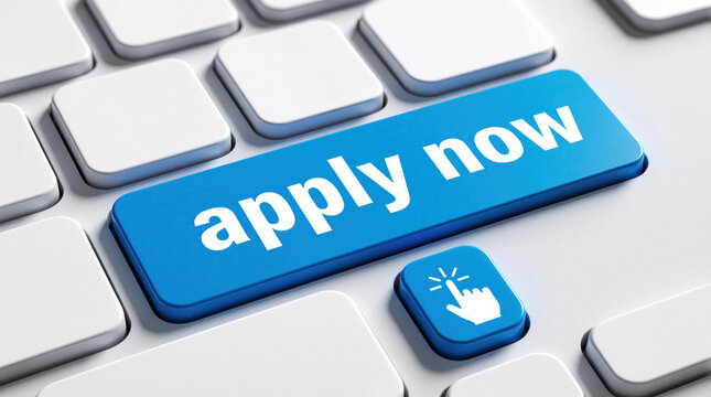 Blue apply now button on white computer keyboard. Digital cursor icon clicks key to submit online job application registration form. User interacts with web interface for career opportunity,