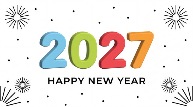 Colorful three dimensional numbers twenty twenty seven for celebrating new year with festive minimalist graphic design elements
