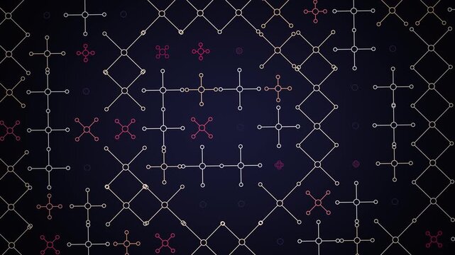 Elegant white and rose node network on deep midnight blue, nodes linking into a square grid network, seamless 4K loop