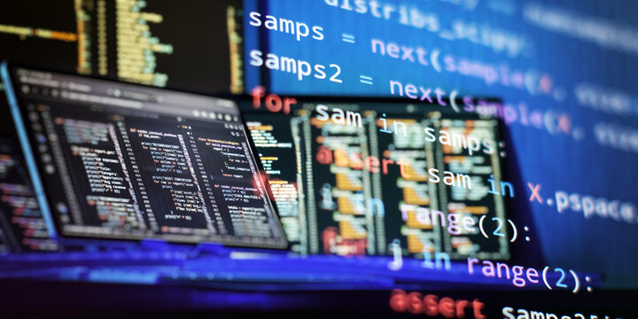 Programming Code Overlay on Multiple Computer Screens With Software Development, Coding and Digital Technology Background