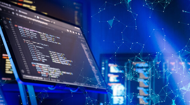 Abstract Digital Network and Programming Code on Computer Screens With Connected Data Nodes and Technology Background
