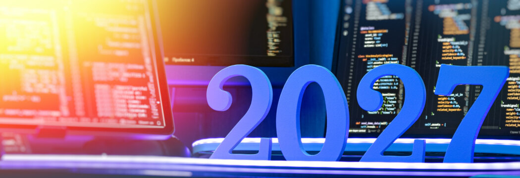 2027 Digital Technology Future Concept With Programming Code Screens, Software Development and Innovation
