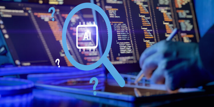 AI Search and Research Concept With Magnifying Glass, Programming Code Screens and Artificial Intelligence Analysis