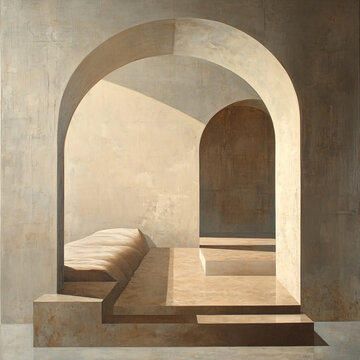 Modern Architecture: Empty Arched Hallway with Sunlight
