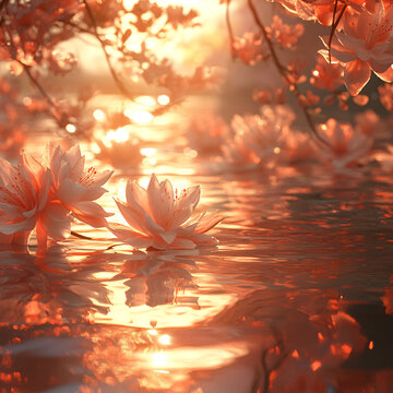 Serene Blossoms: A Red Sunset Reflects on Water