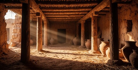 Obraz premium Ancient interior with rustic wooden columns, clay pots. Sun rays shine through open side of old building. Traditional pottery jars sit on sandy floor with hay. Historic architecture shows warm earthy