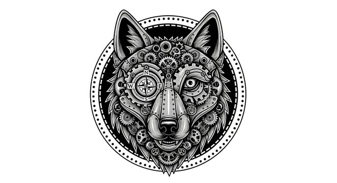 Steampunk wolf head portrait with mechanical gear parts