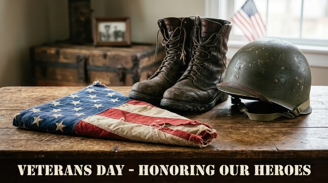 Remembering veterans day with a display of military boots a helmet and an american flag in remembrance