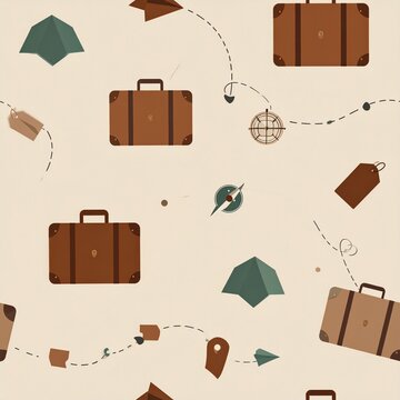 Minimalist travel suitcases with paper planes and navigation map seamless pattern design
