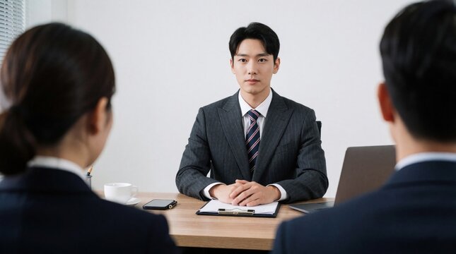 Young Korean businessman sits at office table during job interview. Nervous male candidate faces recruitment committee in formal suit. Pro panel evaluates applicant during employment meeting in