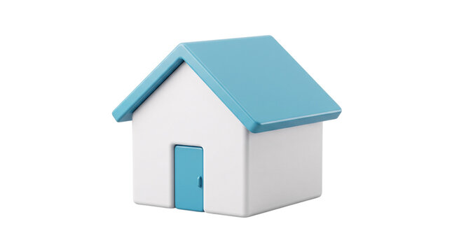 3d of a simple white house with blue roof isolated on transparent background