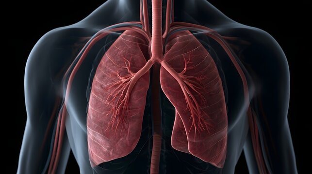Anatomical illust n of human lungs with visible bronchial tree and surrounding vascular structures in a transparent torso
