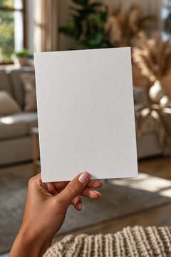 Woman's hand holding a textured blank card against a blurred home interior background