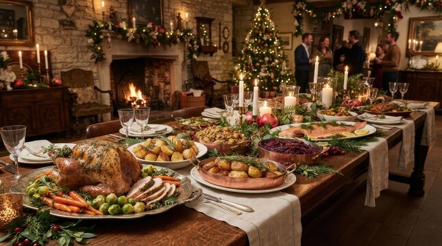 Festive Christmas Feast: A long, richly laden dining table groans under the weight of a traditional Christmas feast, complete with a golden-brown roast turkey, festive trimmings.