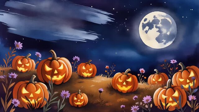 Eerie Jack-o'-Lanterns Glowing in a Mysterious Night Field Under a Full Moon 4K Generative AI
