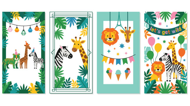 Four vertical jungle theme birthday card templates with cute zoo animals and party decor.