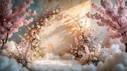Obraz premium Dreamy maternity photoshoot backdrop with pink cherry blossom trees, pastel flowers. Soft white clouds, fluffy rugs cover floor. Aged textured wall with warm golden light creates romantic fairytale