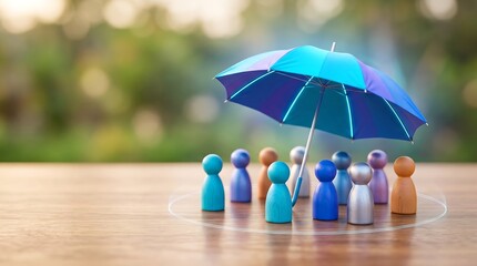 Fototapeta na wymiar Colorful wooden peg doll figures standing together under blue umbrella representing group insurance coverage and protection for employees in business workplace environment concept
