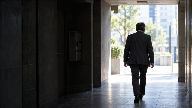 Japanese Man Walking Away Toward a New Beginning with Copy Space