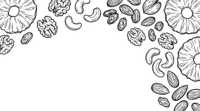 Nuts and dried fruits border frame with copy space, hand drawn outline vector illustration of mixed dry snacks