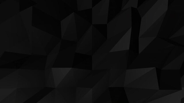 Elegant black abstract geometric polygon motion background. Seamless looping 3D low poly dark surface with smooth moving lights.