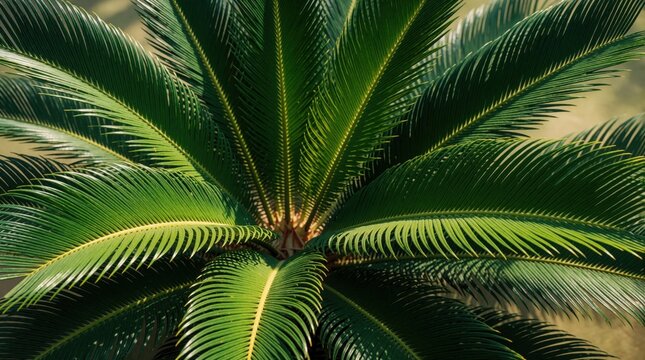 Top view of green cycas revoluta palm leaves. Tropical plant fronds form natural pattern in bright sunlight. Rich botanical foliage creates organic texture for eco background. Sago palm grows in