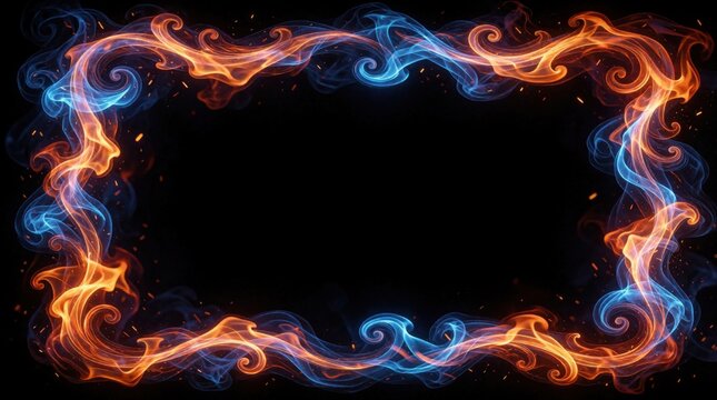 Vibrant fire, blue smoke form swirling frame border on black background. Glowing orange flames, icy blue tendrils create magical energy swirl. Dynamic sparks, mystical light effects decorate dark